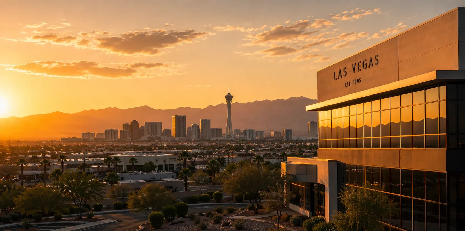 Las Vegas skyline at sunset with commercial office tower in the Nevada desert